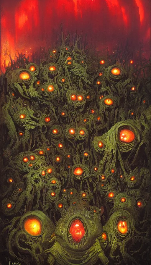 Prompt: a storm vortex made of many demonic eyes and teeth over a forest, by paul lehr,