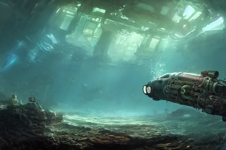 Prompt: an epic landscape view of a submersible with a shining headlight exploring the ruins of underwater manhattan, with seaweed, fish, painted by tyler edlin, wide angle, atmospheric, volumetric lighting, cinematic, very realistic, sharp, highly detailed digital art