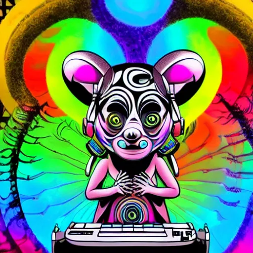 Image similar to shoulder back tattoo of a multicolored cute bush baby with headphones scratching on a dj desk, eyes are colorful spirals, surrounded with colorful magic mushrooms and rainbowcolored marihuana leaves, insanely integrate