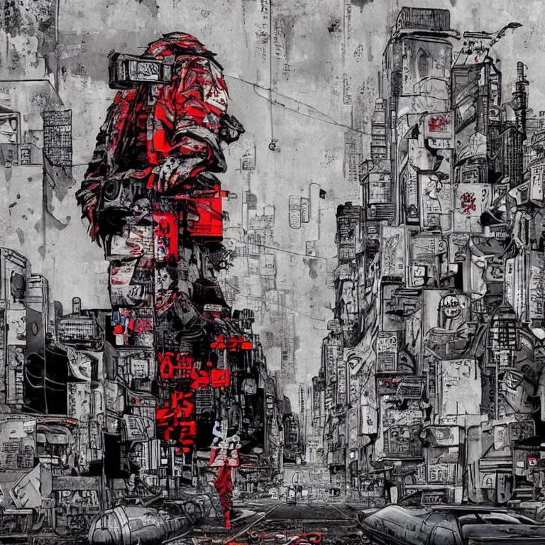 Image similar to Street-art cyberpunk Akira in style of Banksy, photorealism