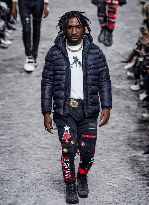 Image similar to hyperrealistic and heavy detailed moncler runway show of lil uzi vert, leica sl 2 5 0 mm, vivid color, high quality, high textured, real life