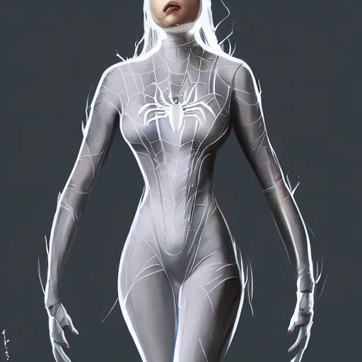 Prompt: full body portrait of white haired girl in spider man suit, super hero, webs, highly detailed, digital art, artstation, concept art, smooth, sharp focus, greg rutkowski, wlop