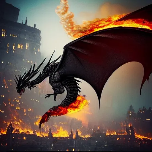 Prompt: “A black dragon flying over a burning medieval city, art station, award winning, 8K”