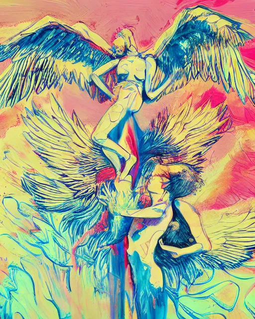 Prompt: two fallen Angels with big wings fighting each other, painting, expressionism, amazing composition, vaporwave, David Hockney, minimalistic graffiti masterpiece, 3d abstract render overlayed, psychedelic therapy, trending on ArtStation, ink splatters, pen lines, incredible detail, creative, unique,