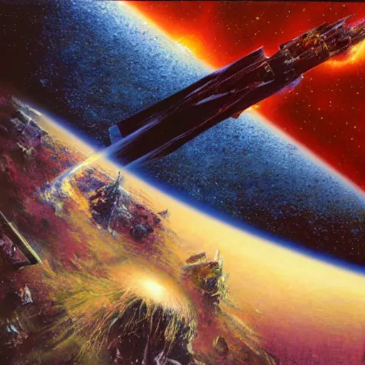 Prompt: phantom grip, the edge of the universe (on film), by Bob Eggleton and John Berkey