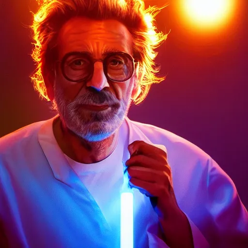 Image similar to portrait of rick sanchez, lab coat and tee shirt, lens flare, atmosphere, glow, detailed, intricate, full of colour, cinematic lighting, 4 k, hyperrealistic, focused, extreme details, cinematic, masterpiece