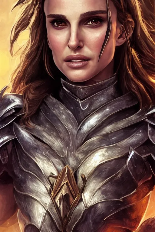 Prompt: portrait of natalie portman as a war goddess. 8 k, stunning and beautiful, award winning, highly detailed, extremely delicate armor, beautiful portrait, dramatic, mystical, league of legends style
