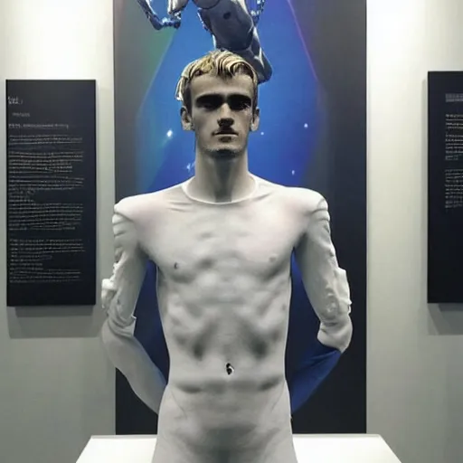 Image similar to “ a realistic detailed photo of a guy who is an attractive humanoid who is half robot and half humanoid, who is a male android, soccer player antoine griezmann, shiny skin, posing like a statue, blank stare, at the museum, on display ”