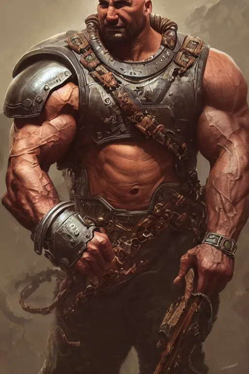 Image similar to ultra realistic illustration,, a hulking herculean dave bautista with leather armour, from doom and warhammer, intricate, elegant, highly detailed, digital painting, artstation, concept art, smooth, sharp focus, illustration, art by artgerm and greg rutkowski and alphonse mucha