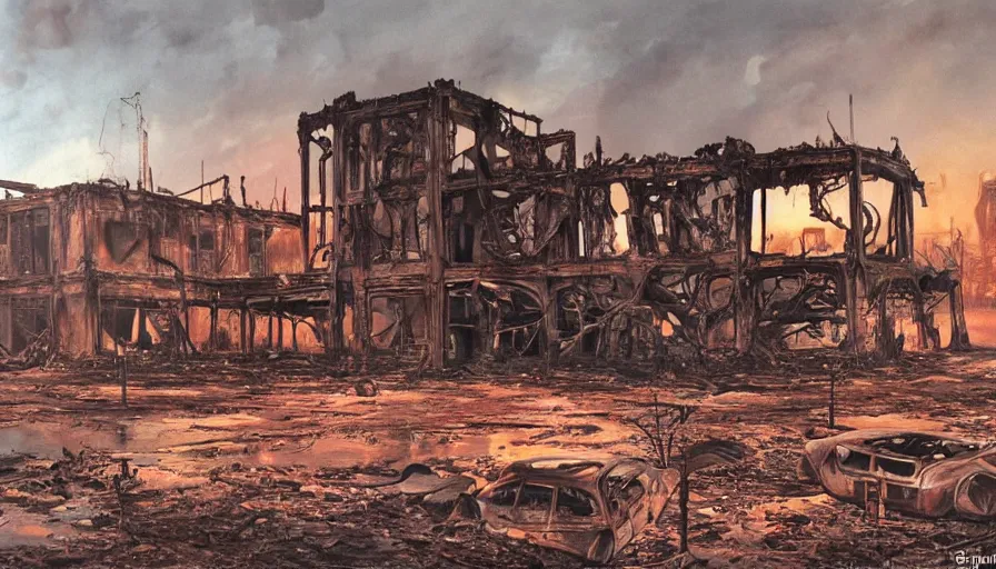 Image similar to A detailed render of a post apocalyptic scene of the whitehouse ruined and devastated by fires, burned down rusty Moscow buses in flood water, sci-fi concept art, by Syd Mead, highly detailed, oil on canvas