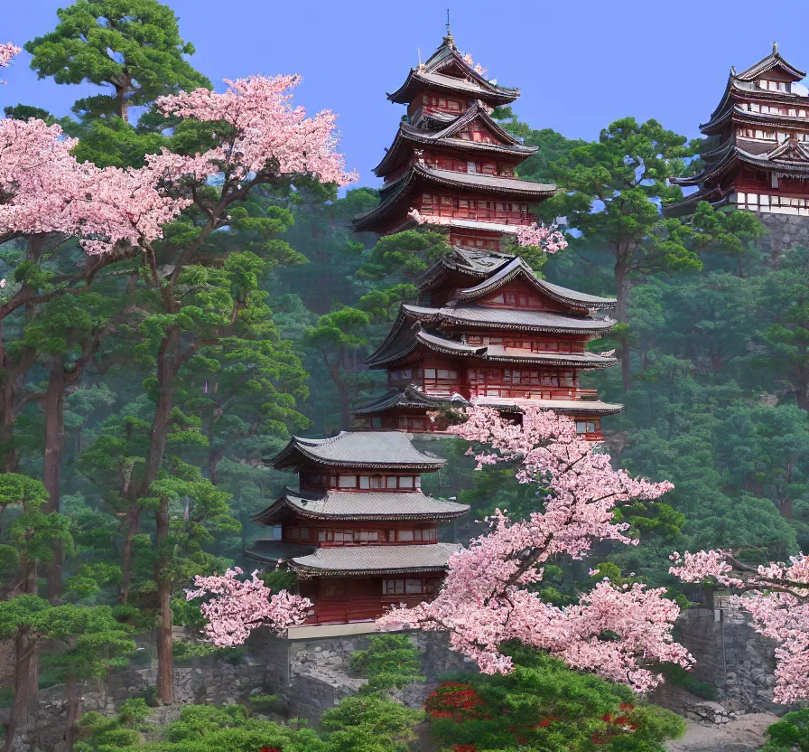 Image similar to realistic japan castle + sakura, pixel art, unreal engine 5, wallpaper, 8 k, ultra detailed, realistic photo, artstation