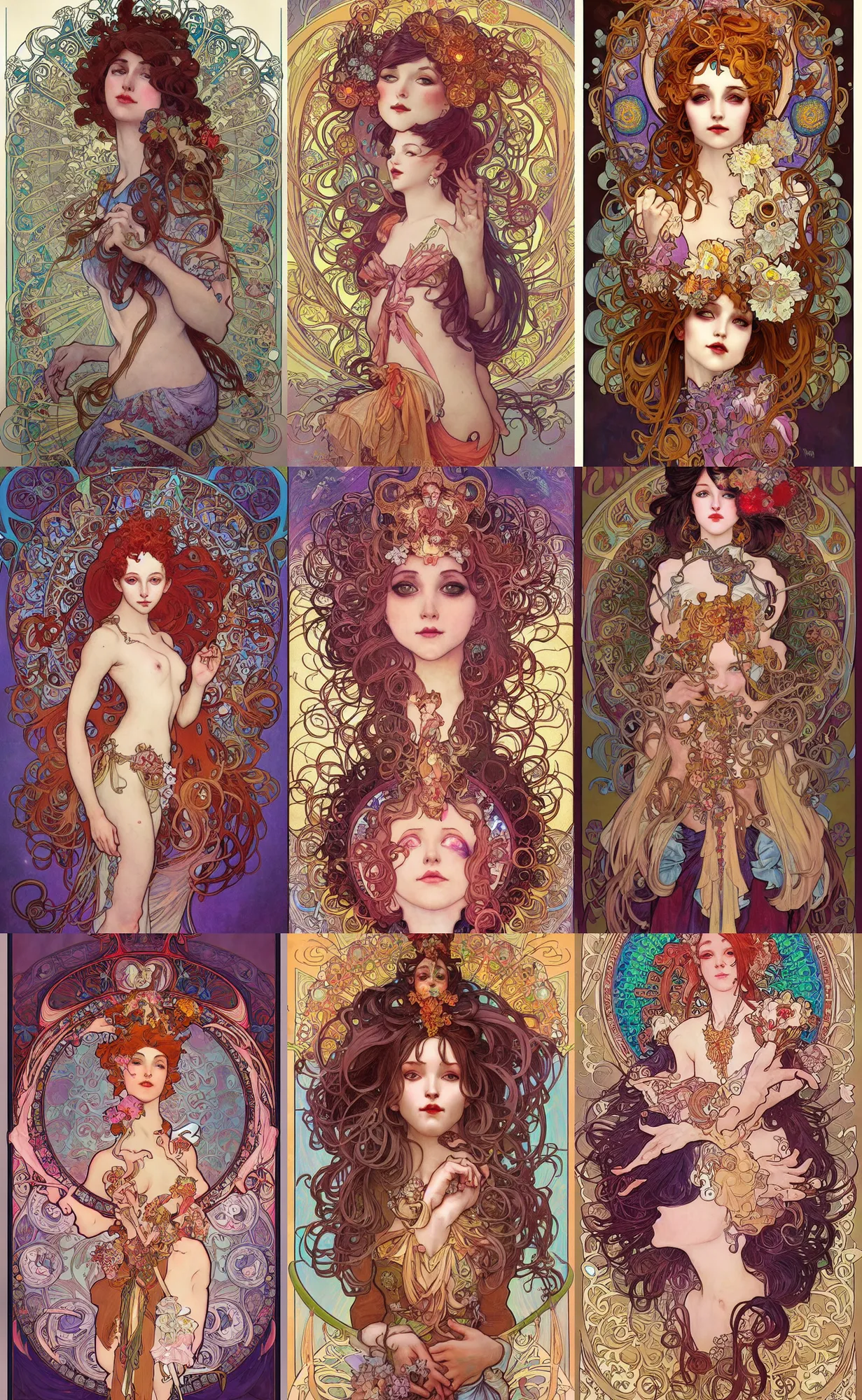 Prompt: clown girl, fantasy, whimsical, art by alphonse mucha and pamela colman smith and artgerm and josephine wall and amanda sage and anato finnstark, intricately detailed, highly detailed, trending on artstation