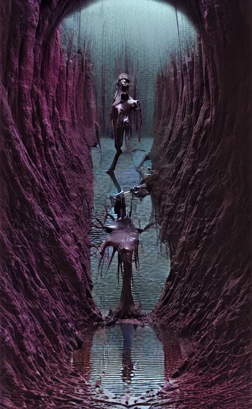 Prompt: a character reflection in a puddle by wayne barlowe, horror style, gritty, distopian