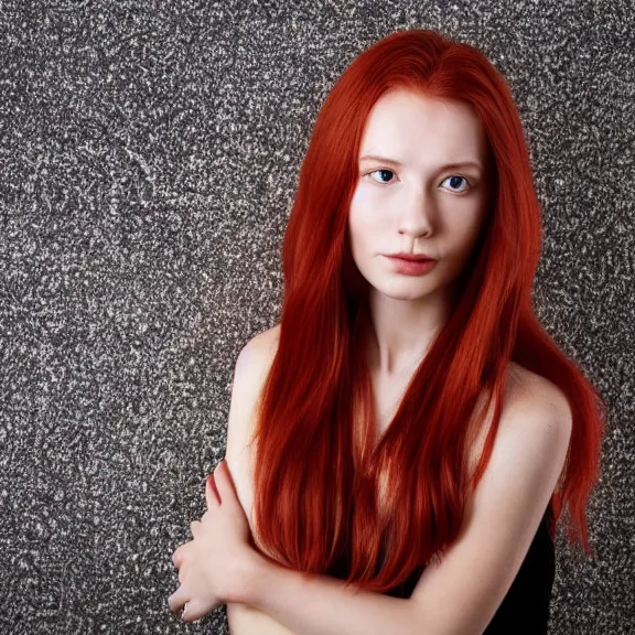 Image similar to portrait of a plain looking young white female model red hair and uneven skintone and a round shaped face