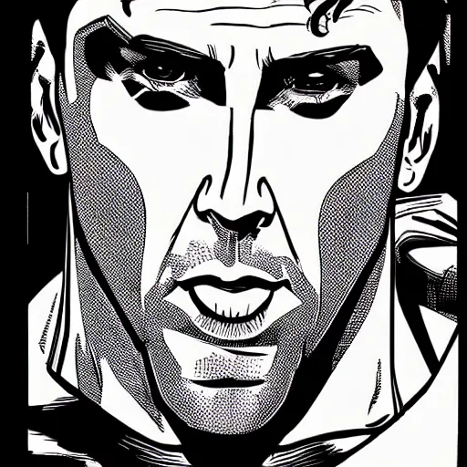 Image similar to Nicholas Cage as Superman comic book. Detailed face Marvel comics art style. Halftone