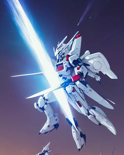 Image similar to highly detailed vfx portrait of an white wings gundam with wings of feathers beam saber fighting in space with a beam gun, unreal engine, greg rutkowski, loish, rhads, beeple, makoto shinkai and lois van baarle, ilya kuvshinov, rossdraws, tom bagshaw, alphonse mucha, global illumination, detailed and intricate environment