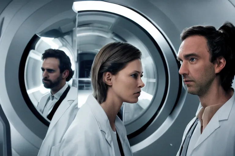 Image similar to movie closeup polar opposites, couple, researchers in a futuristic lab building inter dimensional portal machine, beautiful skin, Symmetrical faces. Beautiful lighting by Emmanuel Lubezki