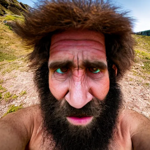 Prompt: a funny accidental selfies taken by a caveman in 10000 bc, Canon EOS R3, f/1.4, ISO 200, 1/160s, 8K, RAW, unedited, symmetrical balance, in-frame