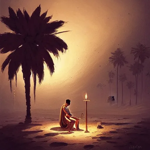 Prompt: “A man sitting under a palm tree by a small fire, reading an ancient scroll, egyptian desert, night, dim light, stars, fantasy, highly detailed, digital painting, artstation, concept art, illustration, art by Greg Rutkowski and Marc Simonetti