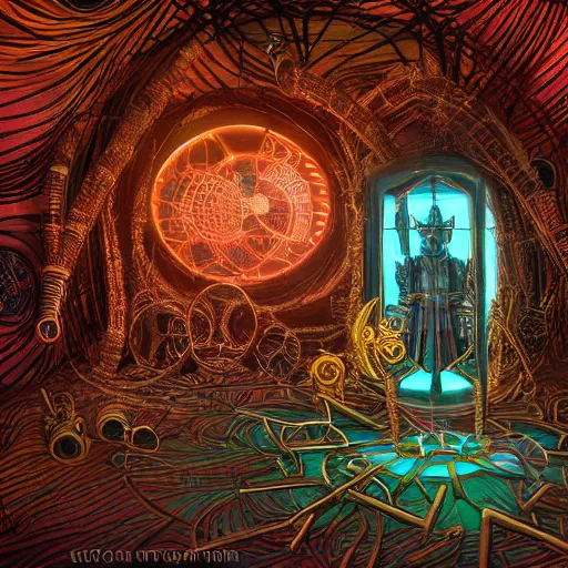 Prompt: symmetry!! a dogon priest opening a steampunk neon portal in the lost realm, with a single glowing hut in the void, by machina infinitum and android jones, surreal psychedelic portrait style, dim lit, rim light, intricate and detailed environment, radiant lighting