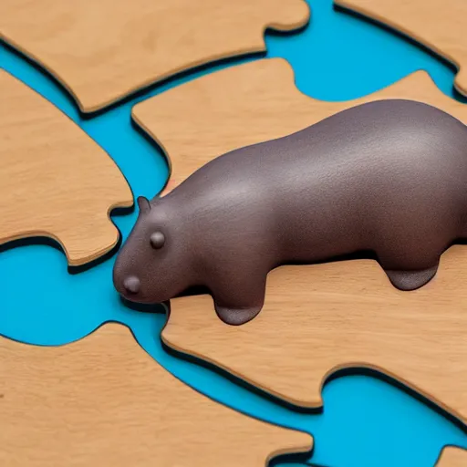 Prompt: a photo of a model hippo 3 d puzzle, pieces made of wood and resin countertop, blue epoxy resin river countertop, dramatic lighting, studio zeiss 1 5 0 mm f 2. 8 hasselblad, award - winning photo