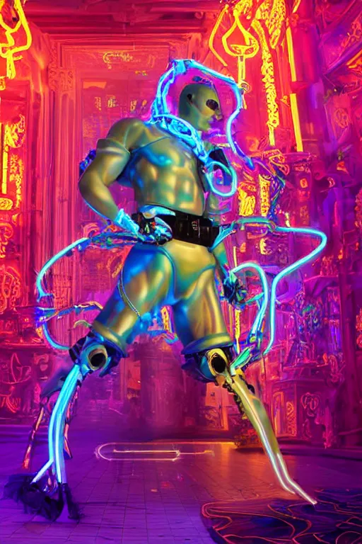 Prompt: full-body neon porcelain baroque cyberpunk style sculpture of a muscular handsome prince as a high-fashion half-robot wearing retro shades with a porcelain body, corrupted battery, leaking glowing neon radioactive liquid, electric sparks, glowing violet laser beam eyes, crown of giant crt monitors, flowing pink and orange neon-colored glitched silk, luminescent fabrics, mechanical raptors. baroque and steampunk elements. full-length view. baroque element. intricate artwork by caravaggio. Very very very very highly detailed epic photo of face. Trending on artstation, octane render, cinematic lighting from the right, hyper realism, octane render, 8k, depth of field, 3D