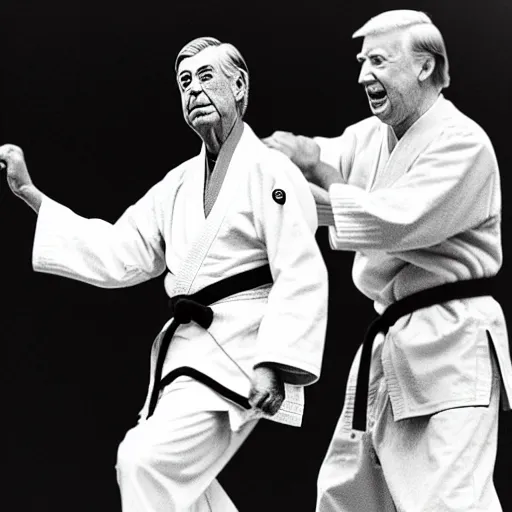 Image similar to Mr. Rogers sparring with Donald Trump in the karate style of Wado-ryu, neon karate gi