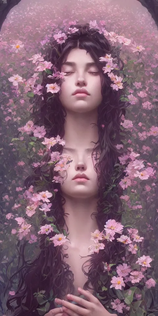 Image similar to surreal beautiful young woman, sitting with flowers, detailed gorgeous face turning into a tree, leaves, dark, ominous, sad eyes, vaporwave aesthetic, synthwave , digital painting, artstation, concept art, smooth, sharp focus, illustration, art by artgerm and greg rutkowski and alphonse mucha