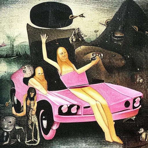 Image similar to crocodile driving a pink cadillac took the wrong exit of the 4 0 5, glenn danzig is hitchhiking on the side of the road, in the style of hieronymus bosch