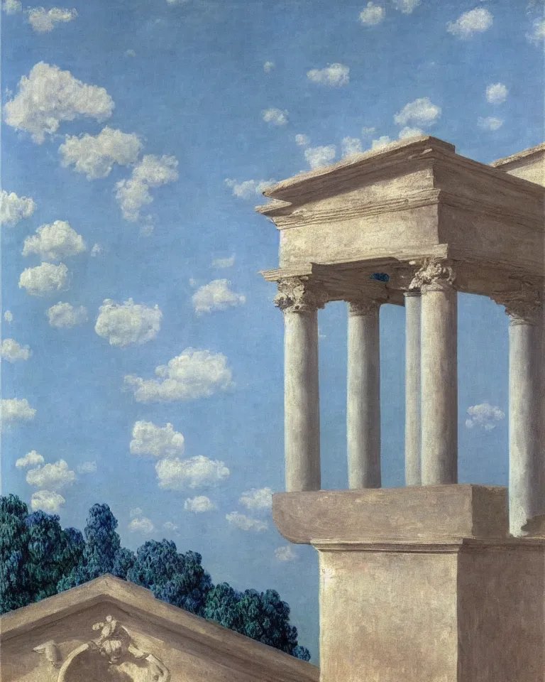 Prompt: achingly beautiful painting of a roman pediment on baby blue background by rene magritte, monet, and turner. piranesi.