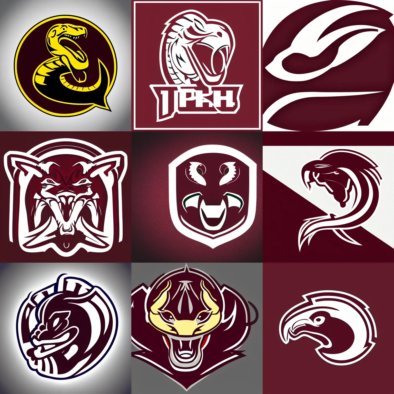 Prompt: Logo for a sports team with a cobra head mascot looking right, maroon and white, vector logo, professional graphic design, no text