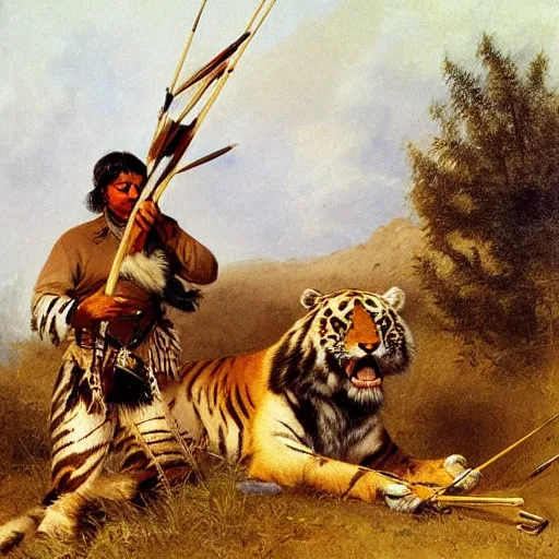 Prompt: american indian hunting sabertooth tiger with bow and arrow, plains by emanuel leutze