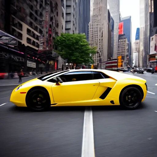 Image similar to a mushroom in a lamborghini speeding through nyc, cinematic, motion blur