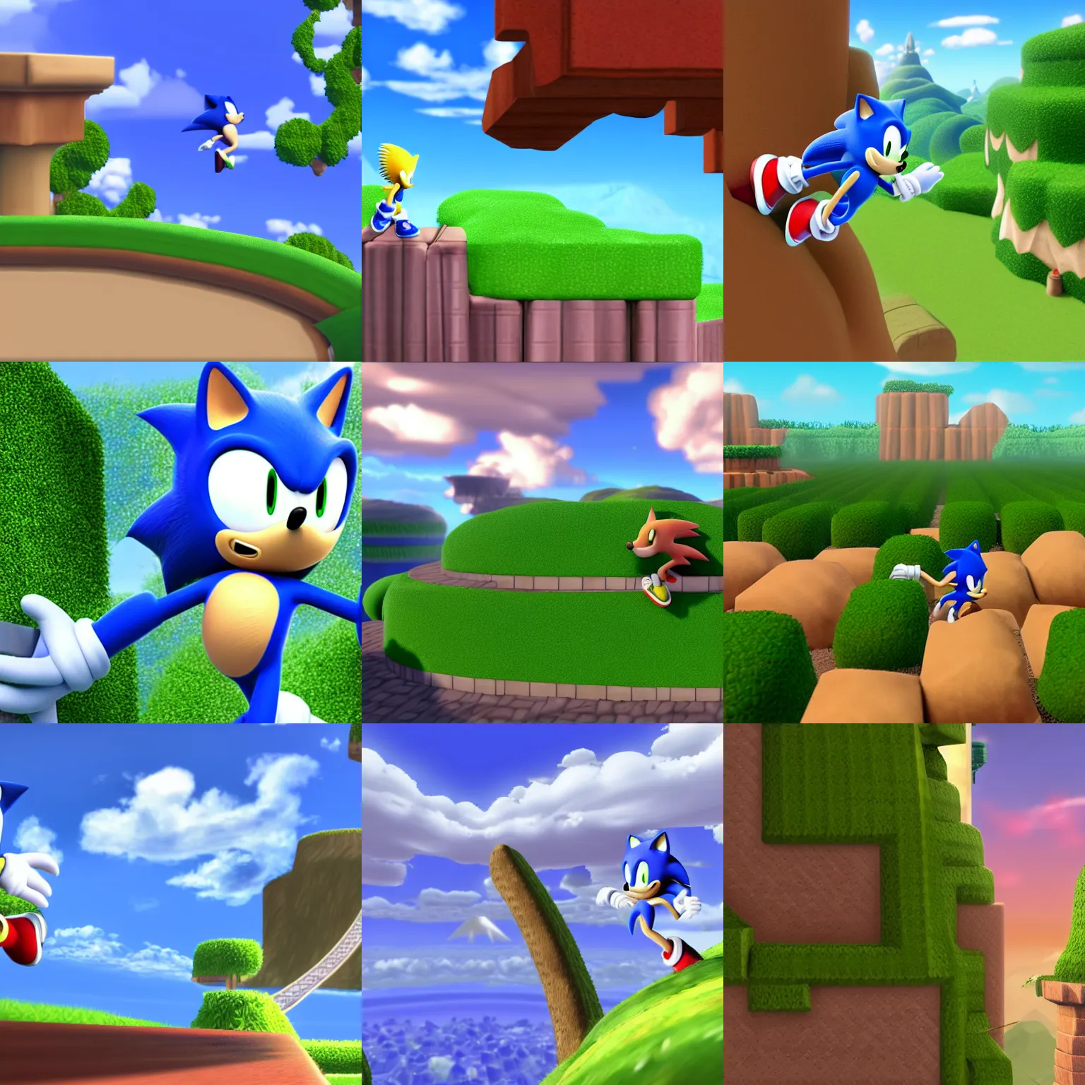 Prompt: sonic the hedge pointing up in the sky, computer graphics by miyamoto, featured on deviantart, sots art, rendered in maya, xbox 3 6 0 graphics, 2 d game art