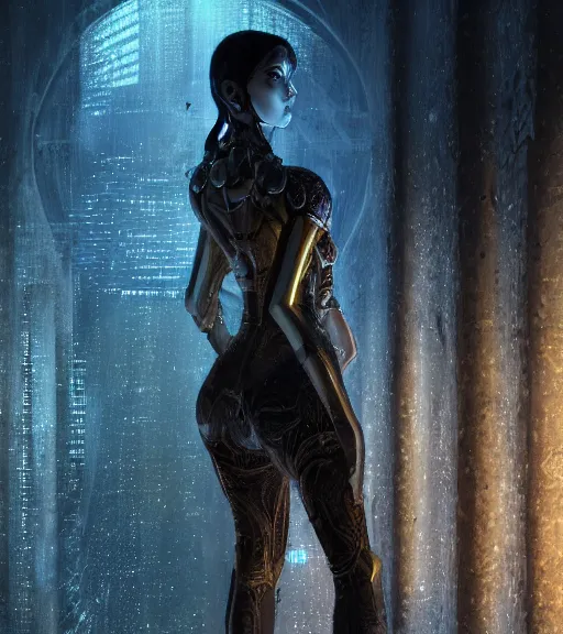 Image similar to ethereal picture of tarkovsky greatest scene, aura of the ancient destroyed majestic tower of babylon, a woman in futuristic cyber clothing, transparent puffer jacket, hyperealistic, blockchain, cyber world, ambient lighting, concept art, intricate, hyper detailed, smooth, dynamic volumetric lighting, ocatane, ray trace, cinematic, high quality, cgsociety