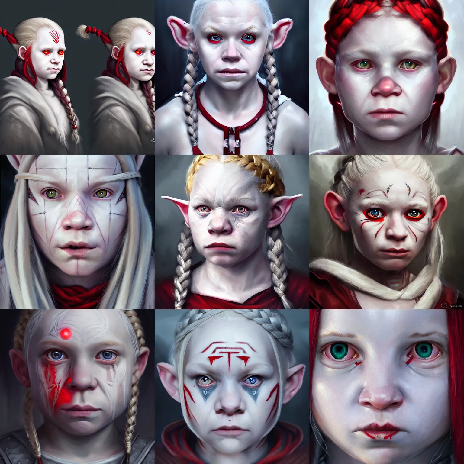 Prompt: realistic portrait of a young albino female halfling with red eyes and white braided hair and a grey cloak and geometric facial tattoos!!!! painted dan gerhartz, haunted and sad expression, artstation, cinematic lighting, hyper - detailed 8 k