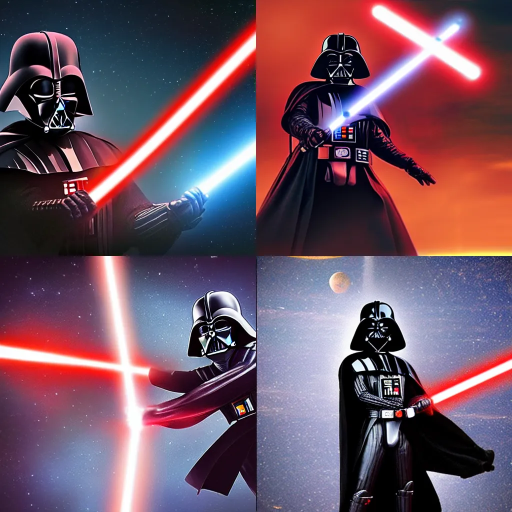 Prompt: darth vader flying in space with samurai armor and a long lightsaber lens flares