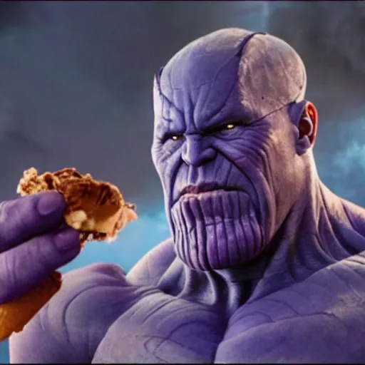 Image similar to film still of thanos eating an ice cream in the new avengers movie, 4 k