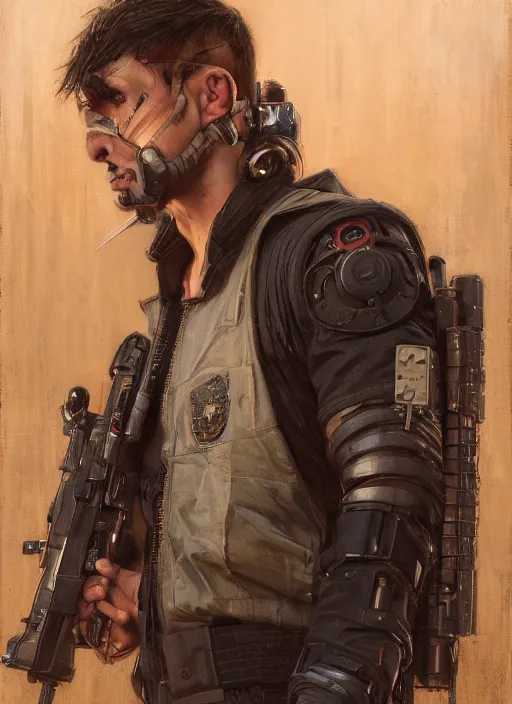 Image similar to cyberpunk jujitsu instructor. cyberpunk mercenary in a military vest ( blade runner 2 0 4 9, cyberpunk 2 0 7 7 ). orientalist portrait by john william waterhouse and james gurney and theodore ralli and nasreddine dinet, oil on canvas. cinematic, hyper realism, realistic proportions, dramatic lighting, high detail 4 k