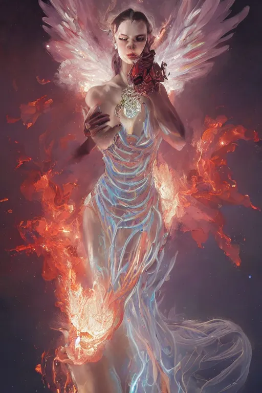 Prompt: torso closeup model wearing exploding fire crystal dress, jewels sorcerer, diamonds, angel, fantasy, dramatic lighting, highly detailed, digital painting, holding electricity, magic the gathering, hyper detailed, 3 d render, hyper realistic detailed portrait, peter mohrbacher, wlop, ruan jia