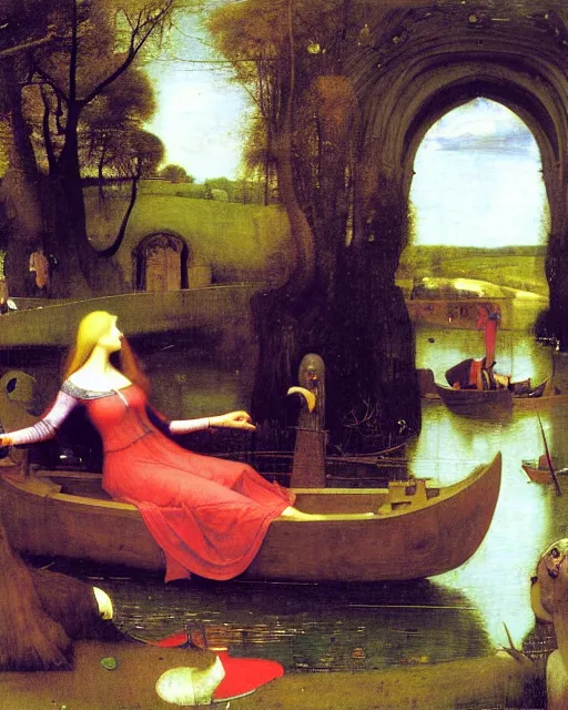 Prompt: The Lady Of Shalott by John William Waterhouse painting by Hieronymus Bosch