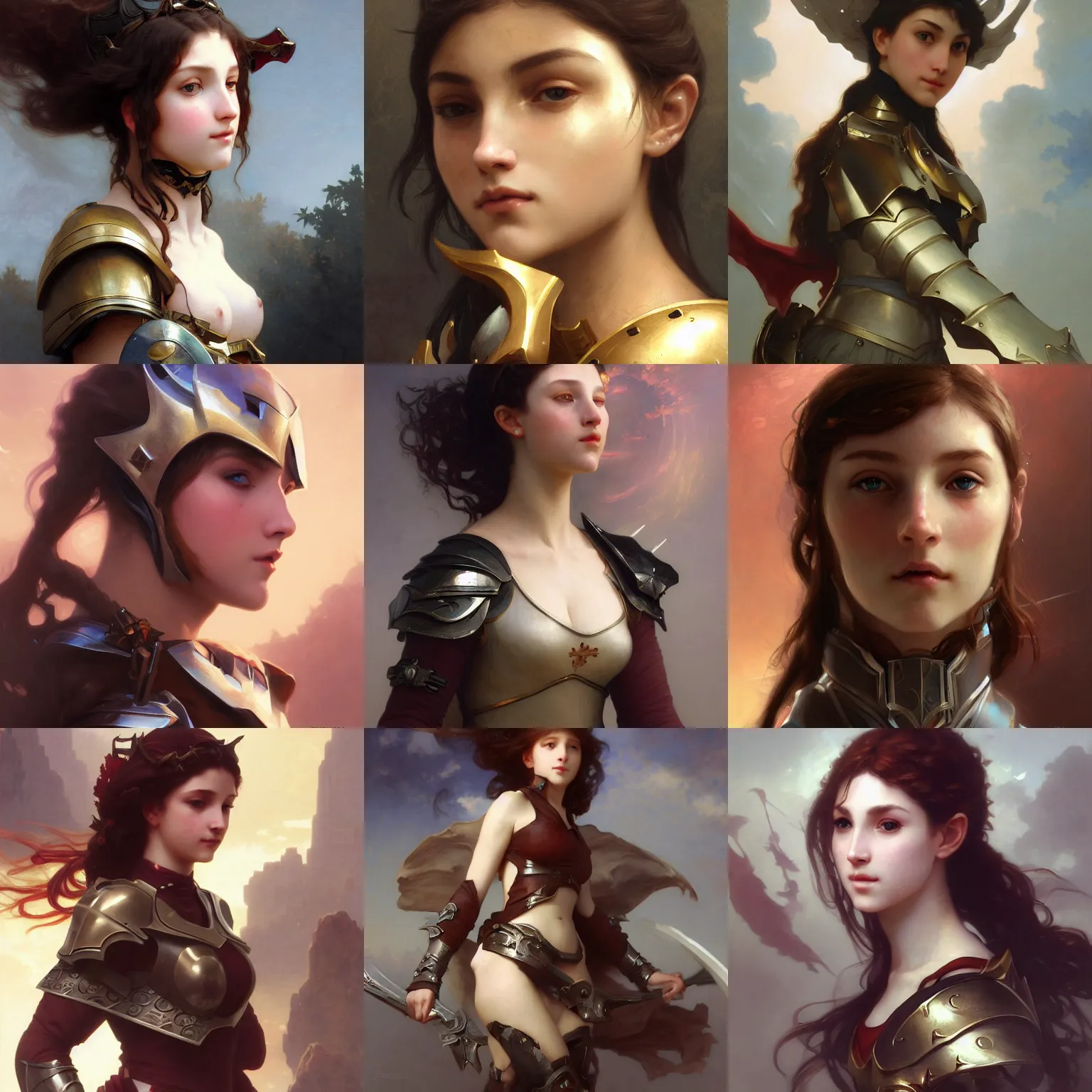 Prompt: A high fantasy girl wearing an armor, by William-Adolphe Bouguereau, Peter Mohrbacher and Craig Mullins, face close up, official media, beautiful, detailed, high quality, wallpaper 4K, epic, trending on artstation and behance, Gelbooru, Konachan