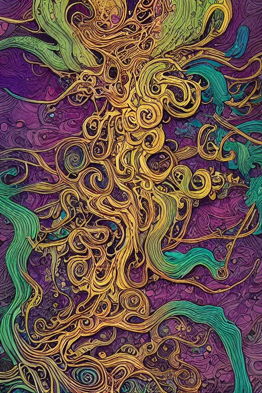 Prompt: cascading ink and watercolour fungus, bacterial rot, decay, hair, in vibrant colours by dan mumford and mike mignola and maethawee chiraphong and hiroo isono ornate, intricate, detailed, swirls, ultra fine detail, trending on artstation, golden ratio, smooth gradients, intricate ink designs