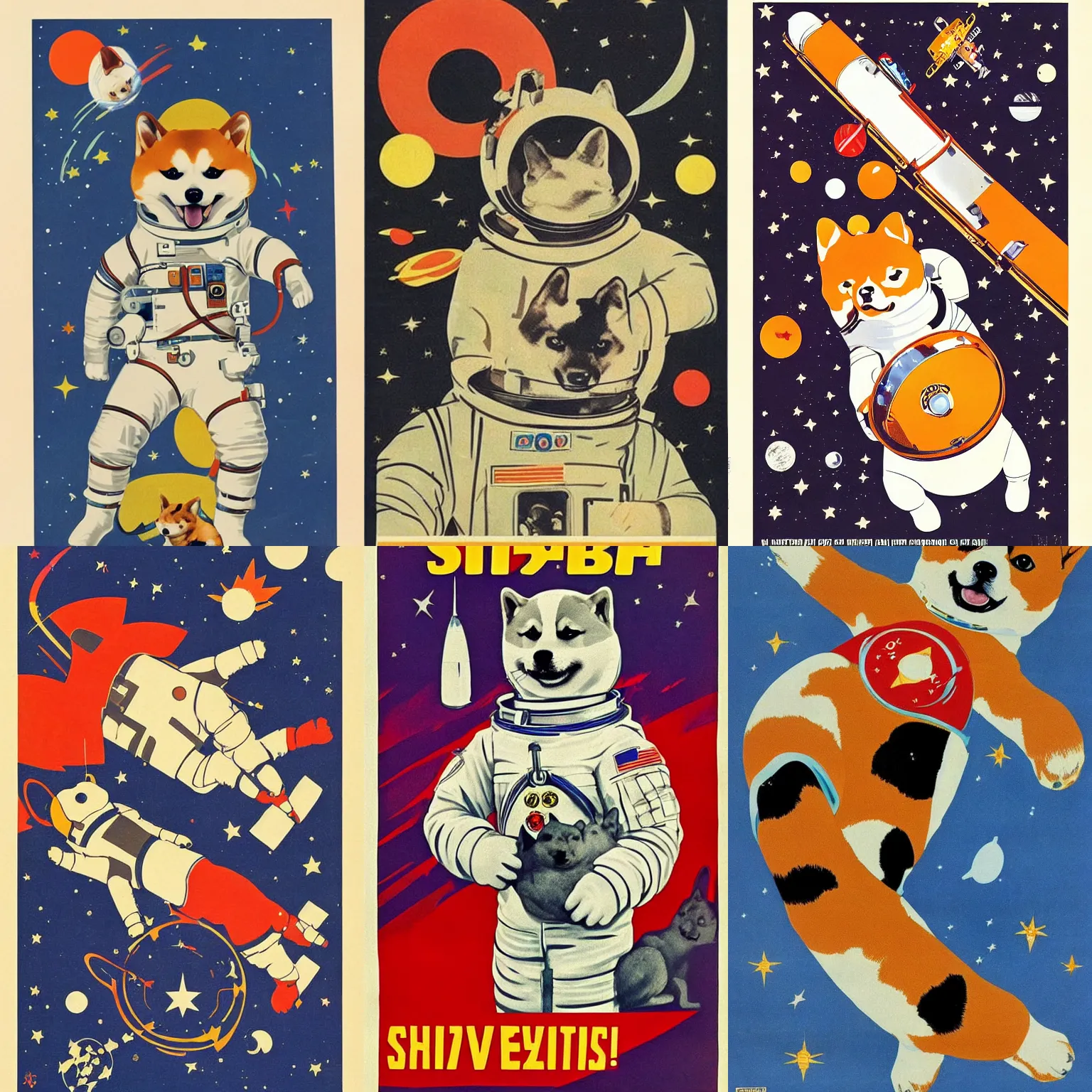 Prompt: Shiba Inu cosmonaut, 60s poster, 1968 Soviet