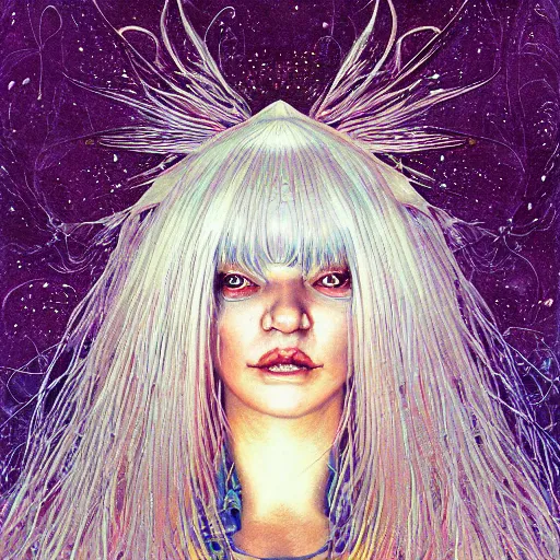 Image similar to portrait of crazy beautiful singer sia kate isobelle furler, ymmetrical, by yoichi hatakenaka, masamune shirow, josan gonzales and dan mumford, ayami kojima, takato yamamoto, barclay shaw, karol bak, yukito kishiro