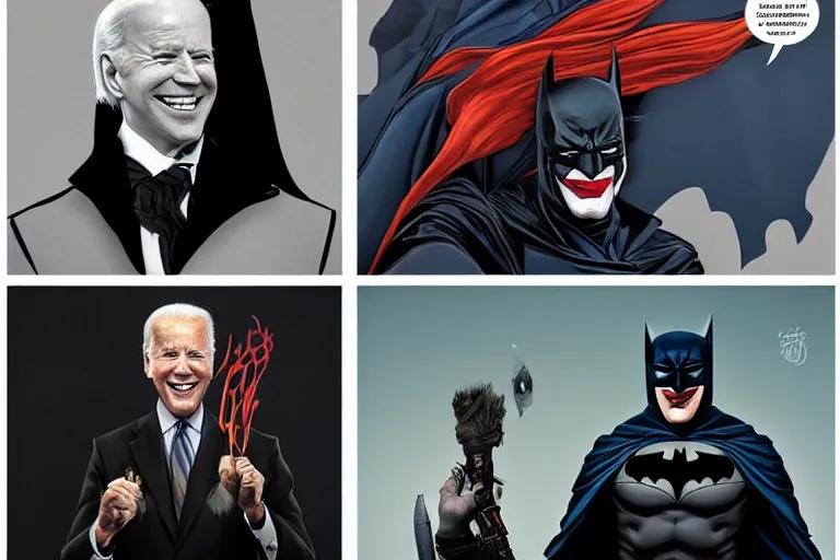 Image similar to Joe biden as batman vs donal trump as joker beautiful androgynous prince, featured on artstation, cinematic chiaroscuro, digital art by Leyendecker and Norman Rockwell