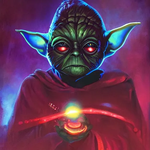 Image similar to portrait of angry eye yoda as a dark sith, overwhelming energy, detailed background by m. w. kaluta + bruce pennington, dark side, neon color, volumetric lighting, colorful vapor, deep dark color, floating molecules, digital painting, oil painting, artwork by ralph mcquarrie + cory loftis + andreas rocha + paul lehr + ian mcque + eddie mendoza