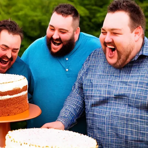 Prompt: A group of overweight men laughing at a cake