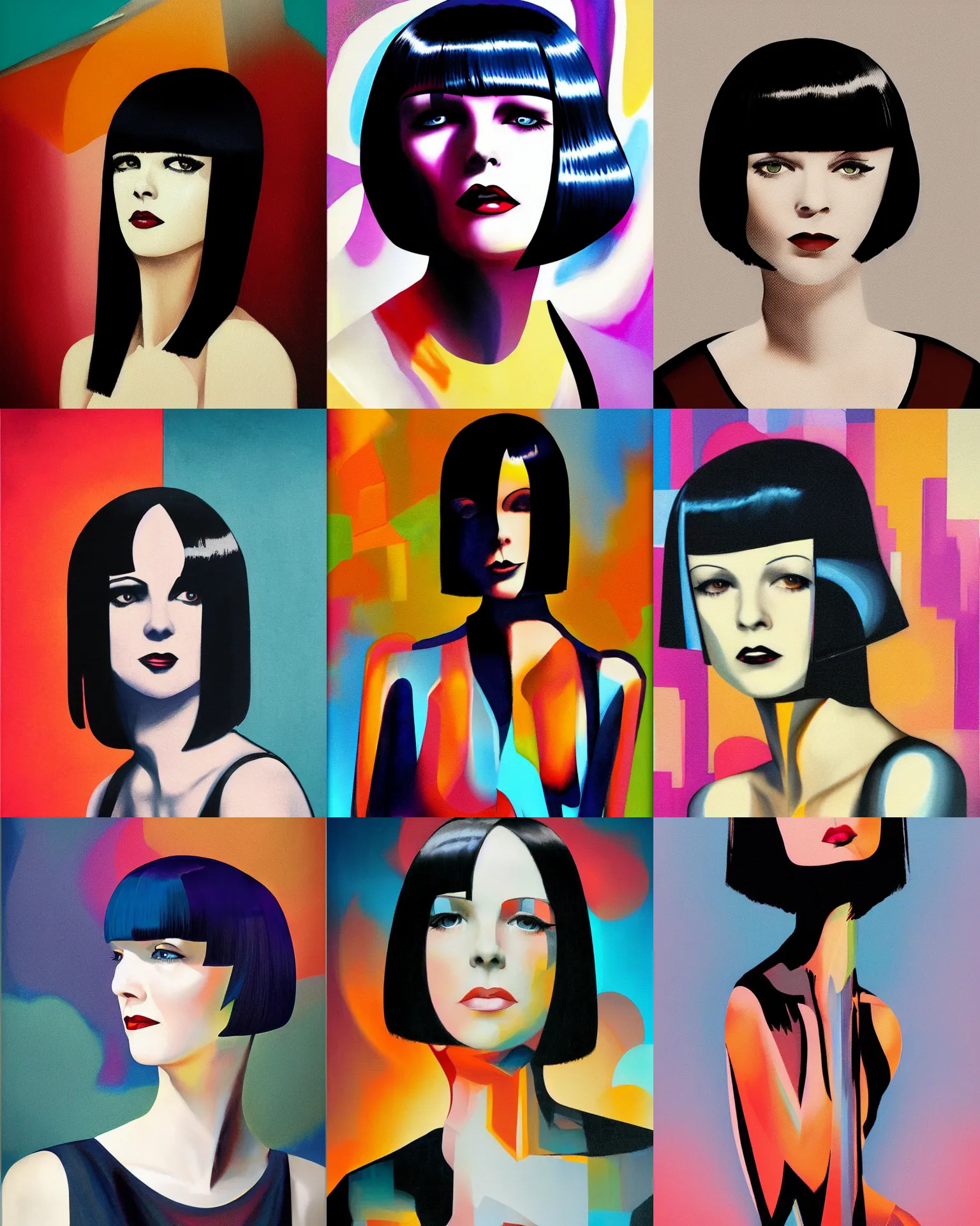 Prompt: full length portrait of mary louise brooks, shiny bob haircut, dramatic light, abstract art deco city background, sunset, 3 colour print, high contrast, sharp,, painted by ross tran