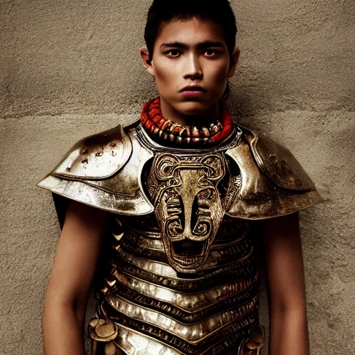 Prompt: a portrait of a beautiful young mayan male wearing an alexander mcqueen armor , photographed by andrew thomas huang, artistic